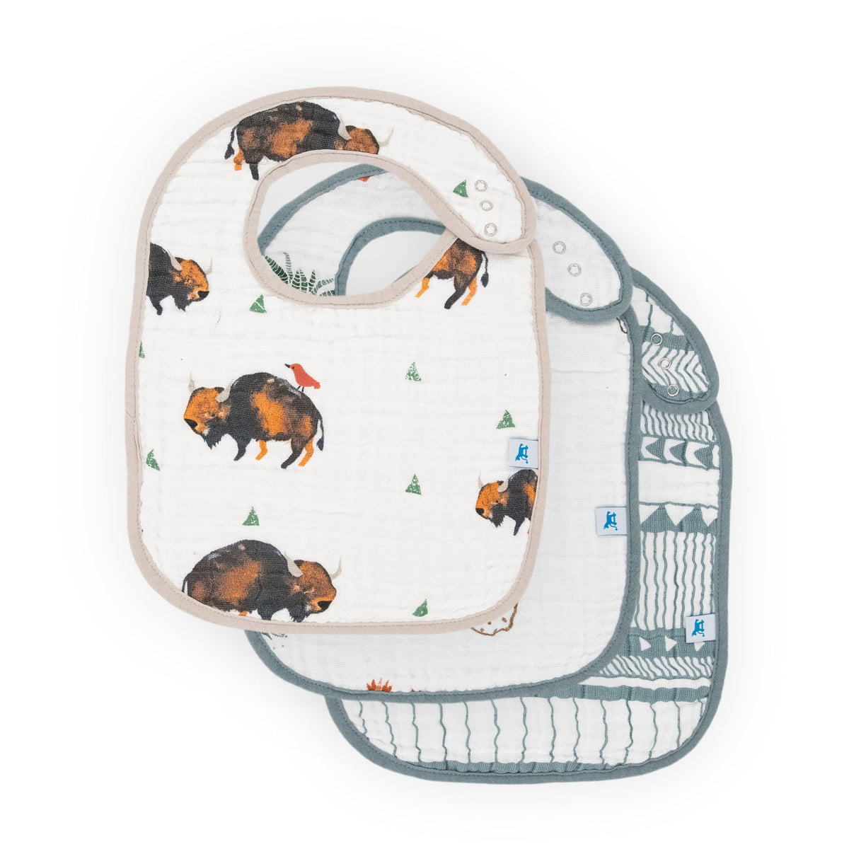 Little Unicorn Premium Classic Bib 3-pack close-up showing soft cotton muslin for gentle skin.