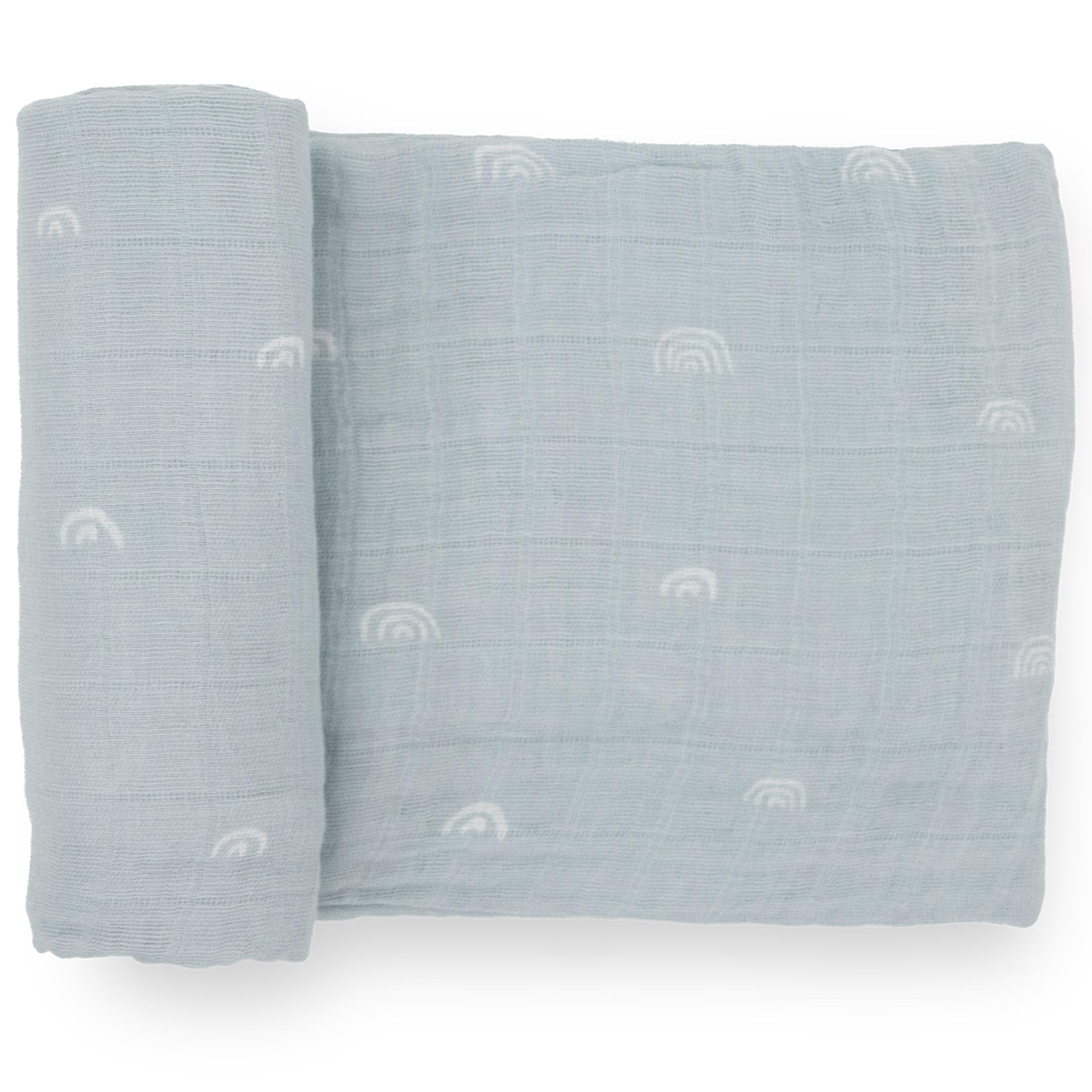 Little Unicorn swaddle flatlay with breathable cotton muslin and blue rainbow design for comfort