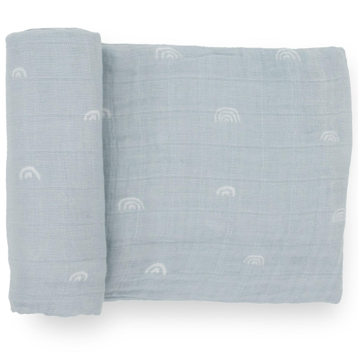 Little Unicorn swaddle flatlay with breathable cotton muslin and blue rainbow design for comfort