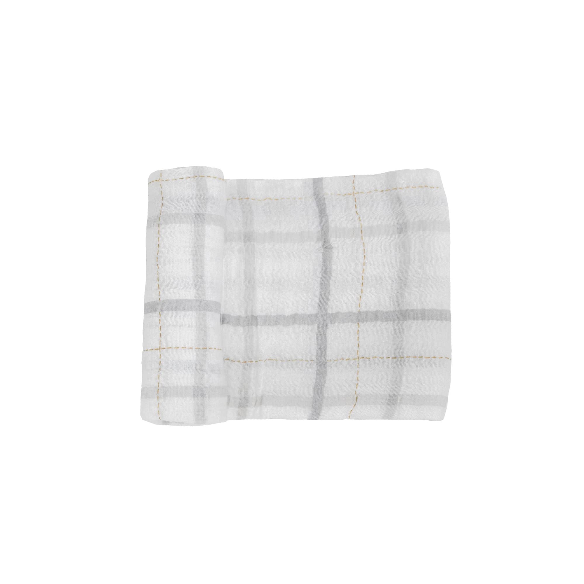 Little Unicorn Premium Cotton Swaddle Grey Plaid laid flat to show cotton muslin texture and pattern