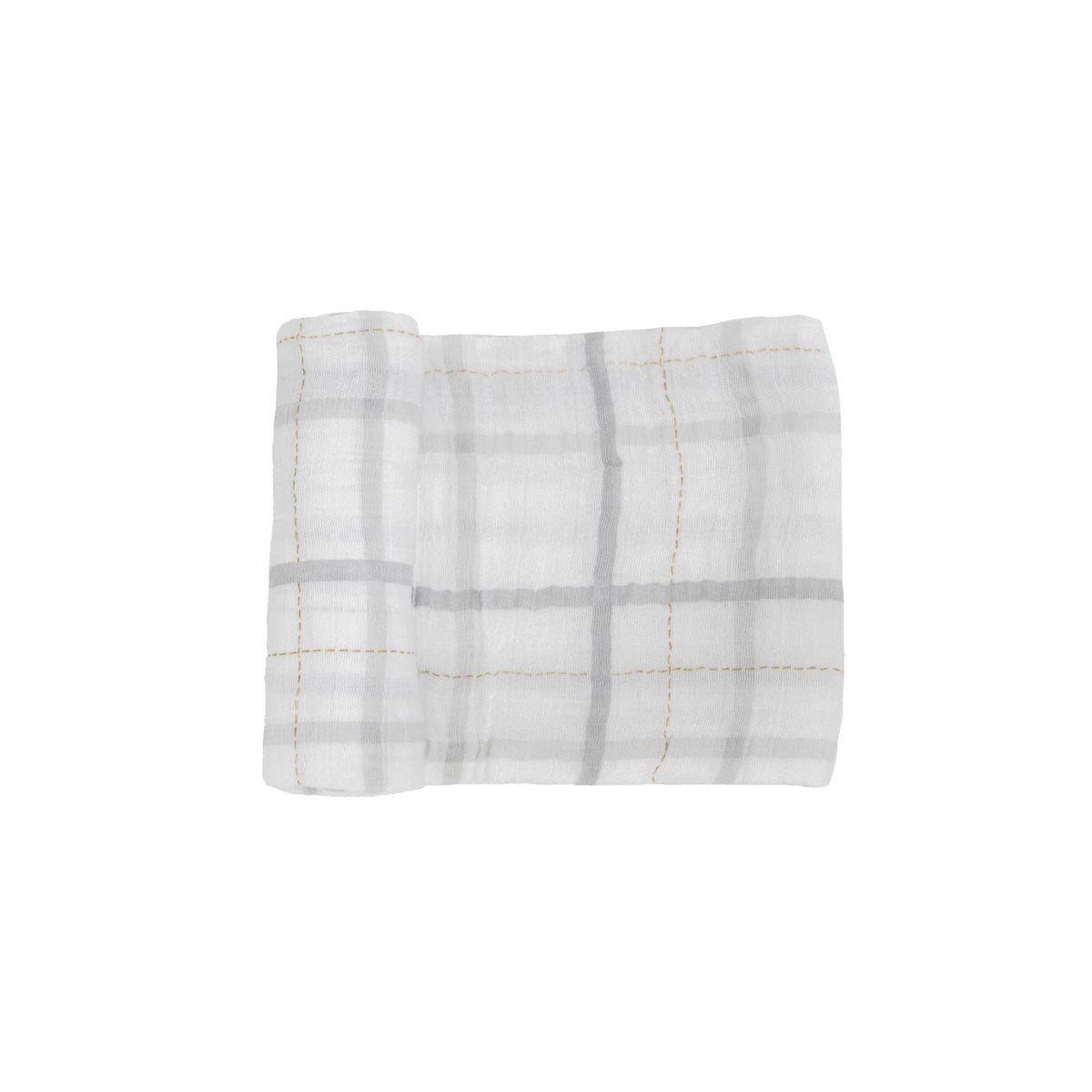 Little Unicorn Premium Cotton Swaddle Grey Plaid laid flat to show cotton muslin texture and pattern