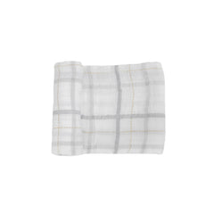 Little Unicorn Premium Cotton Swaddle Grey Plaid laid flat to show cotton muslin texture and pattern
