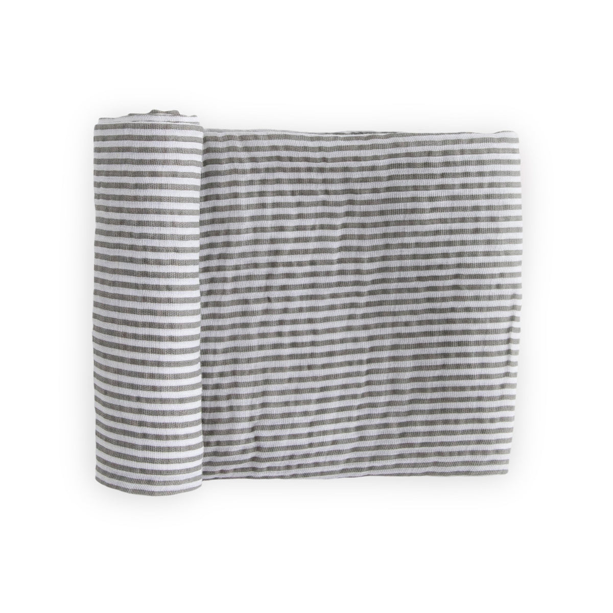 Little Unicorn premium cotton swaddle in grey stripe folded for travel and storage