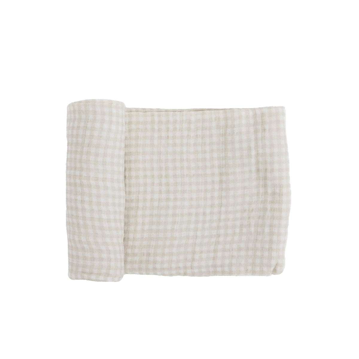 Little Unicorn premium cotton swaddle in tan gingham, breathable fabric for cozy swaddling.