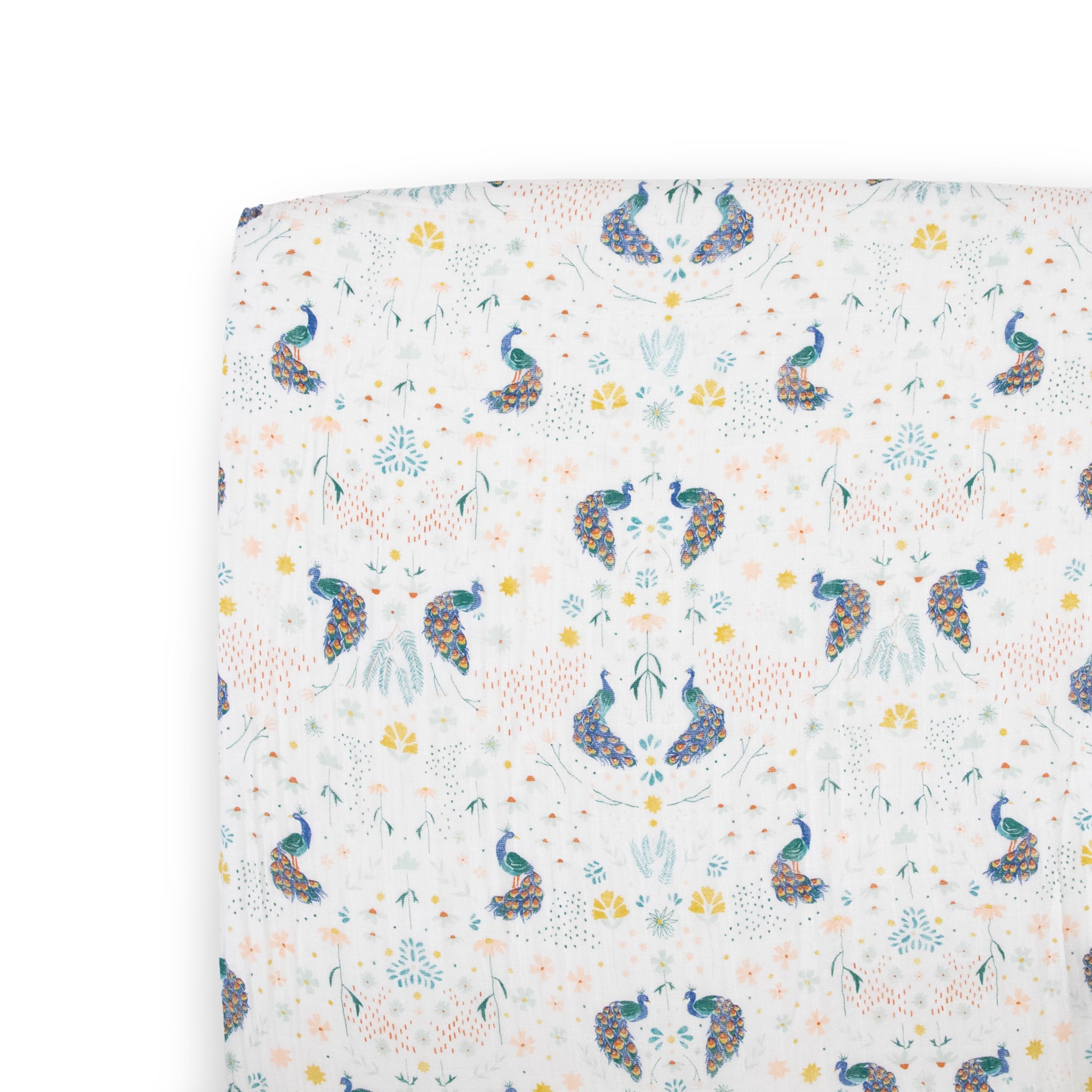 Little Unicorn premium crib sheet Peacock close-up highlighting soft muslin texture for gentle baby sleep.