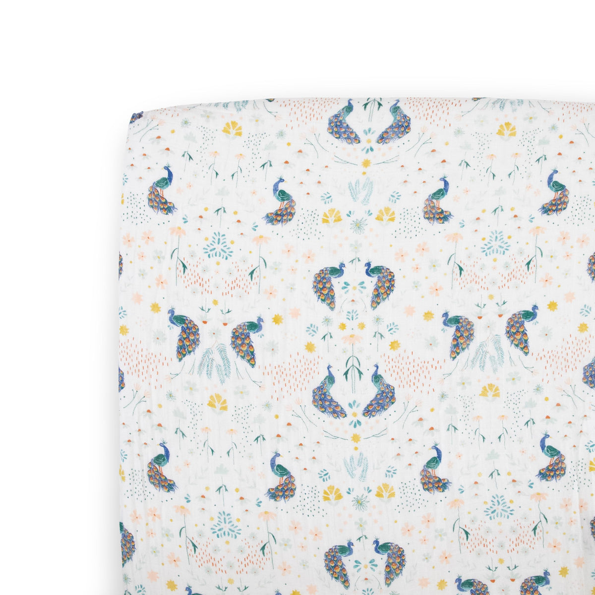 Little Unicorn premium crib sheet Peacock close-up highlighting soft muslin texture for gentle baby sleep.