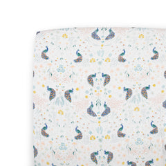 Little Unicorn premium crib sheet Peacock close-up highlighting soft muslin texture for gentle baby sleep.