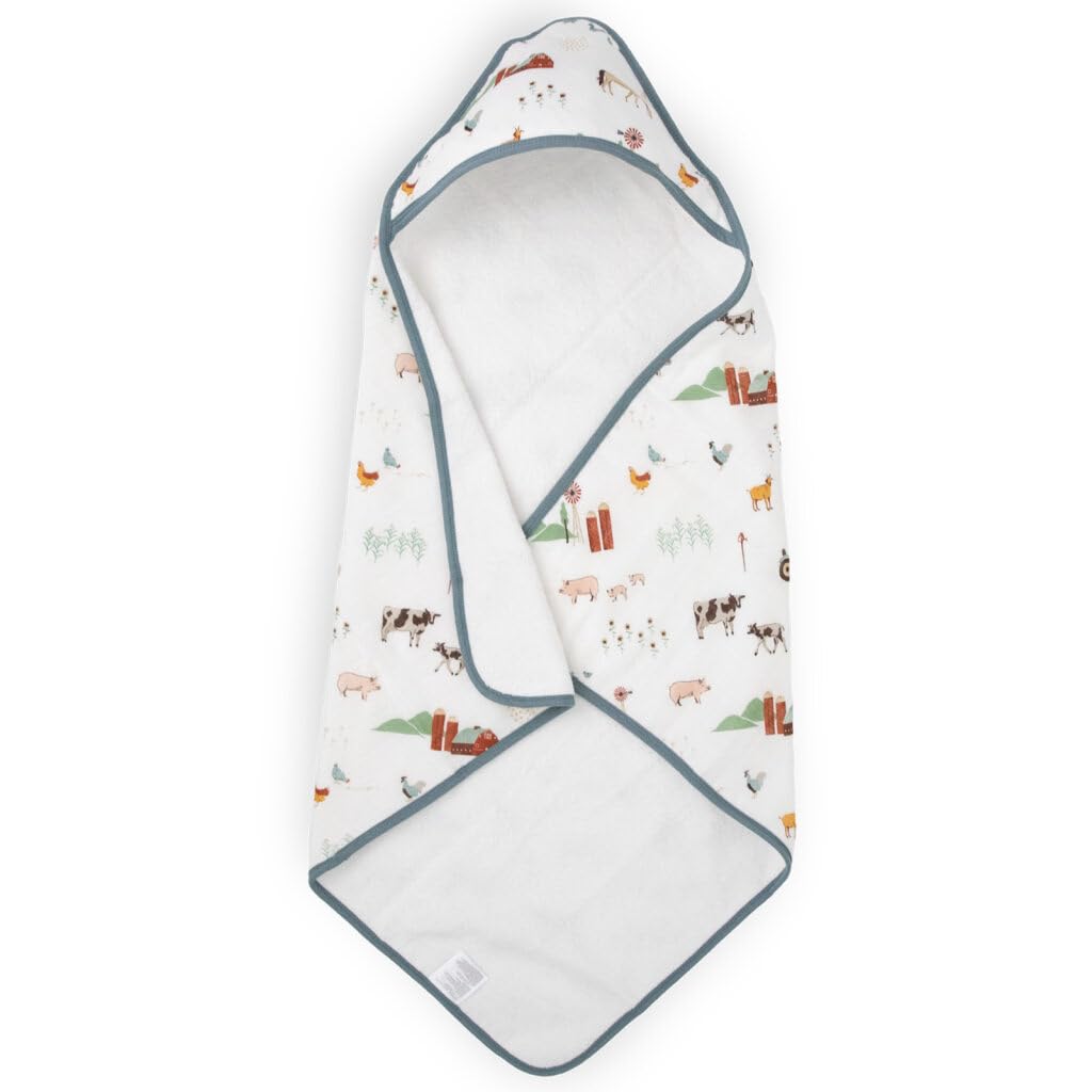 Little Unicorn premium infant hooded bath towel with farmyard print dries newborns gently