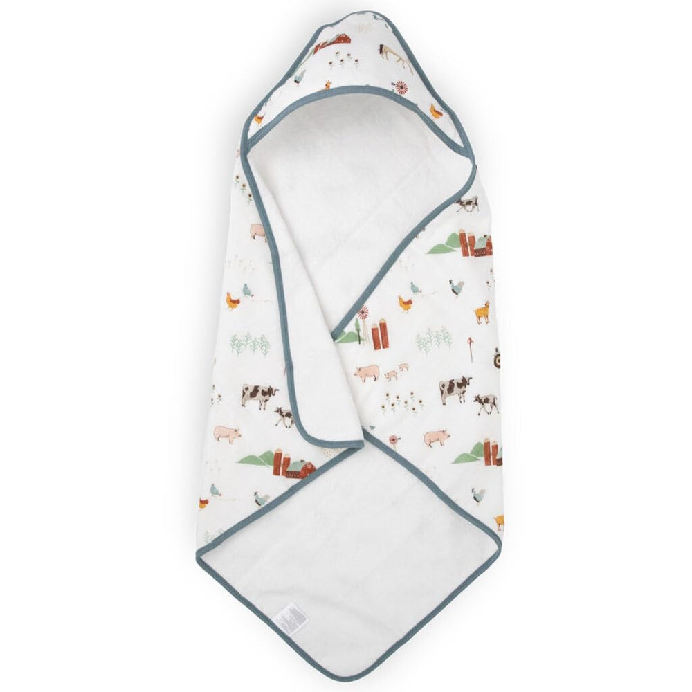 Little Unicorn premium infant hooded bath towel with farmyard print dries newborns gently
