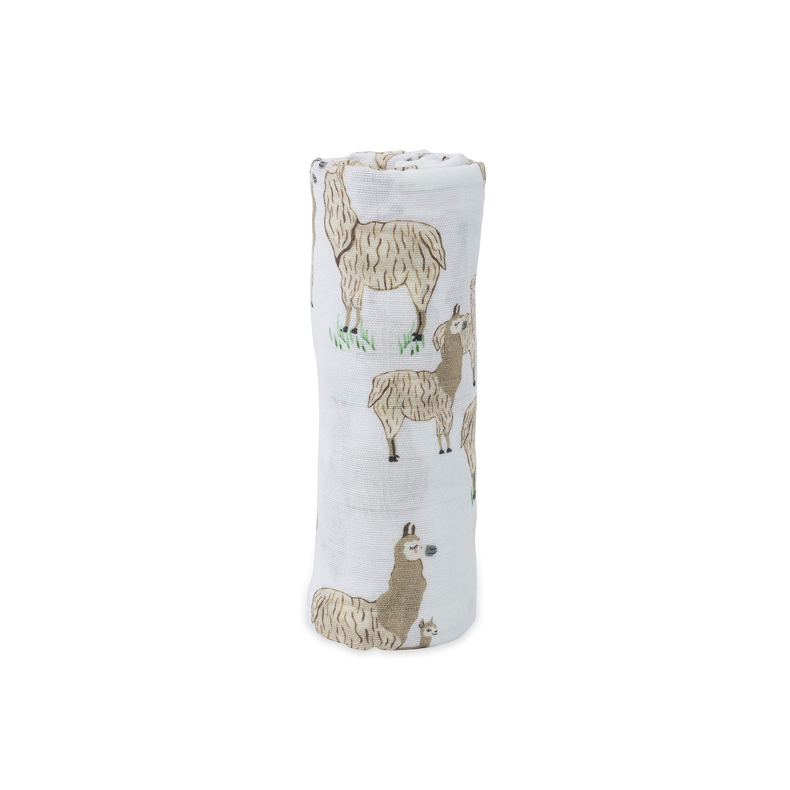 Little Unicorn llama design swaddle used as a stroller cover for on-the-go comfort.