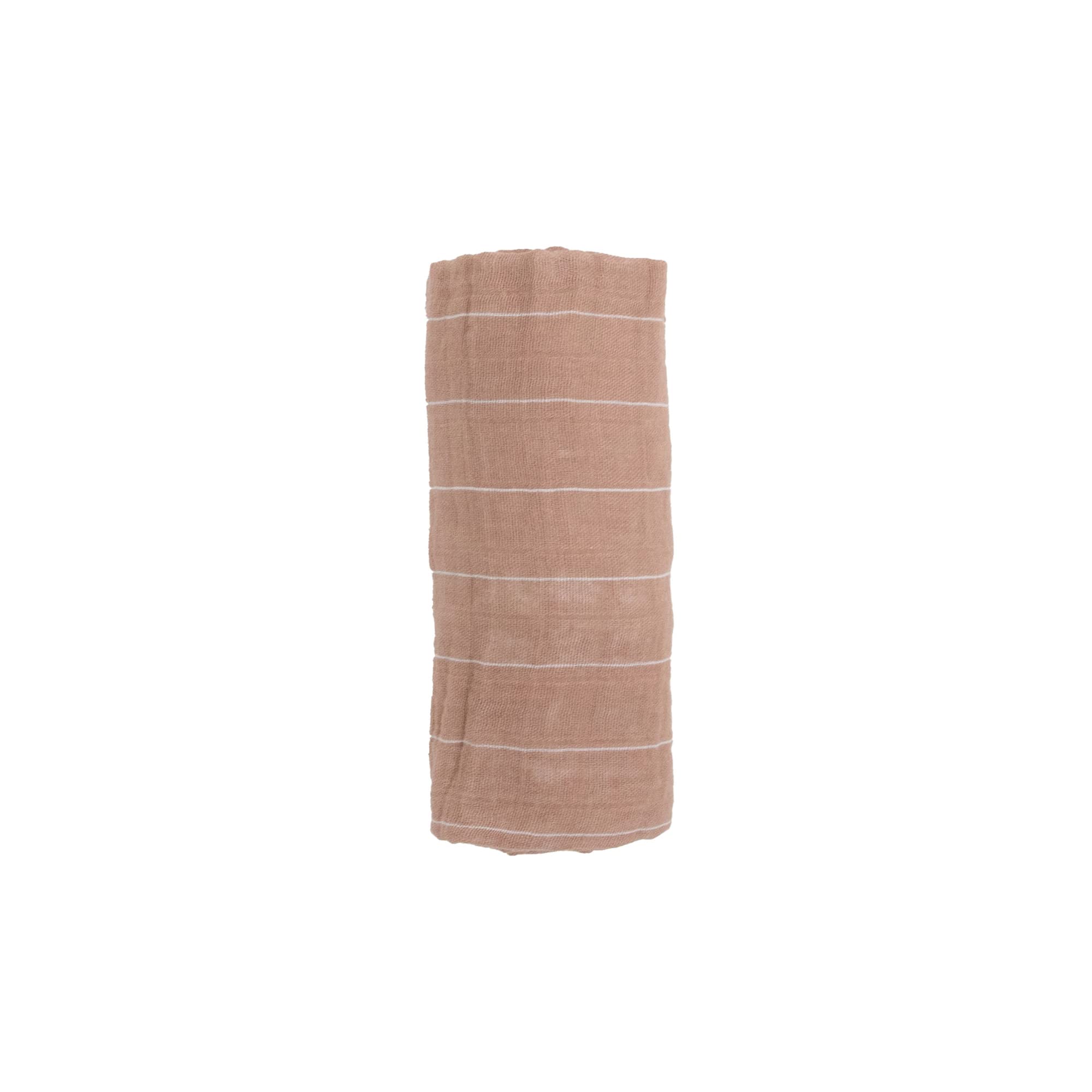 Little Unicorn Mauve Stripe swaddle used as car seat wrap for travel ease.