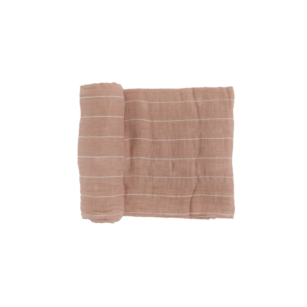Little Unicorn Mauve Stripe swaddle closeup shows soft cotton muslin for newborn comfort.