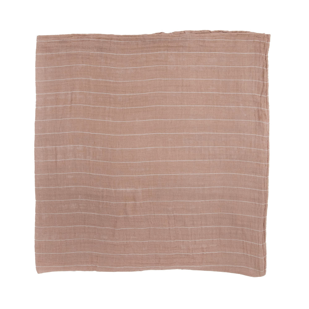 Little Unicorn Mauve Stripe swaddle on stroller cover for outdoor shade.
