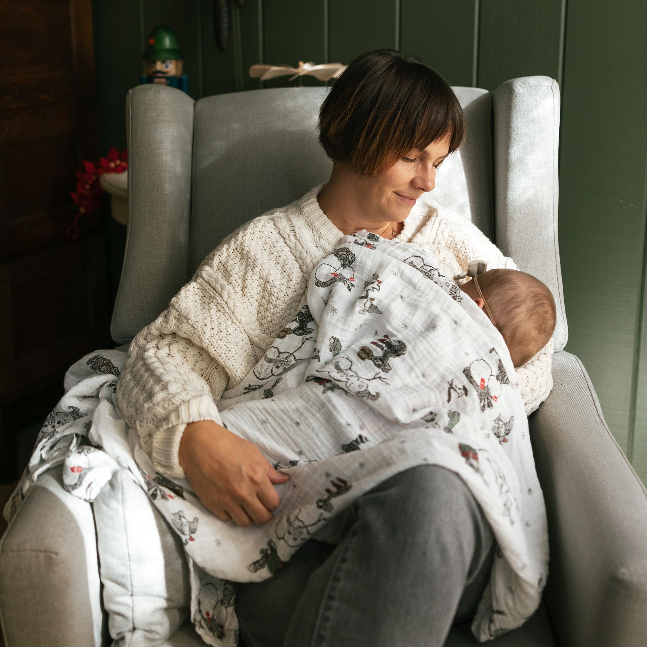 Snow Day pattern Little Unicorn swaddle blanket highlights breathable fabric
