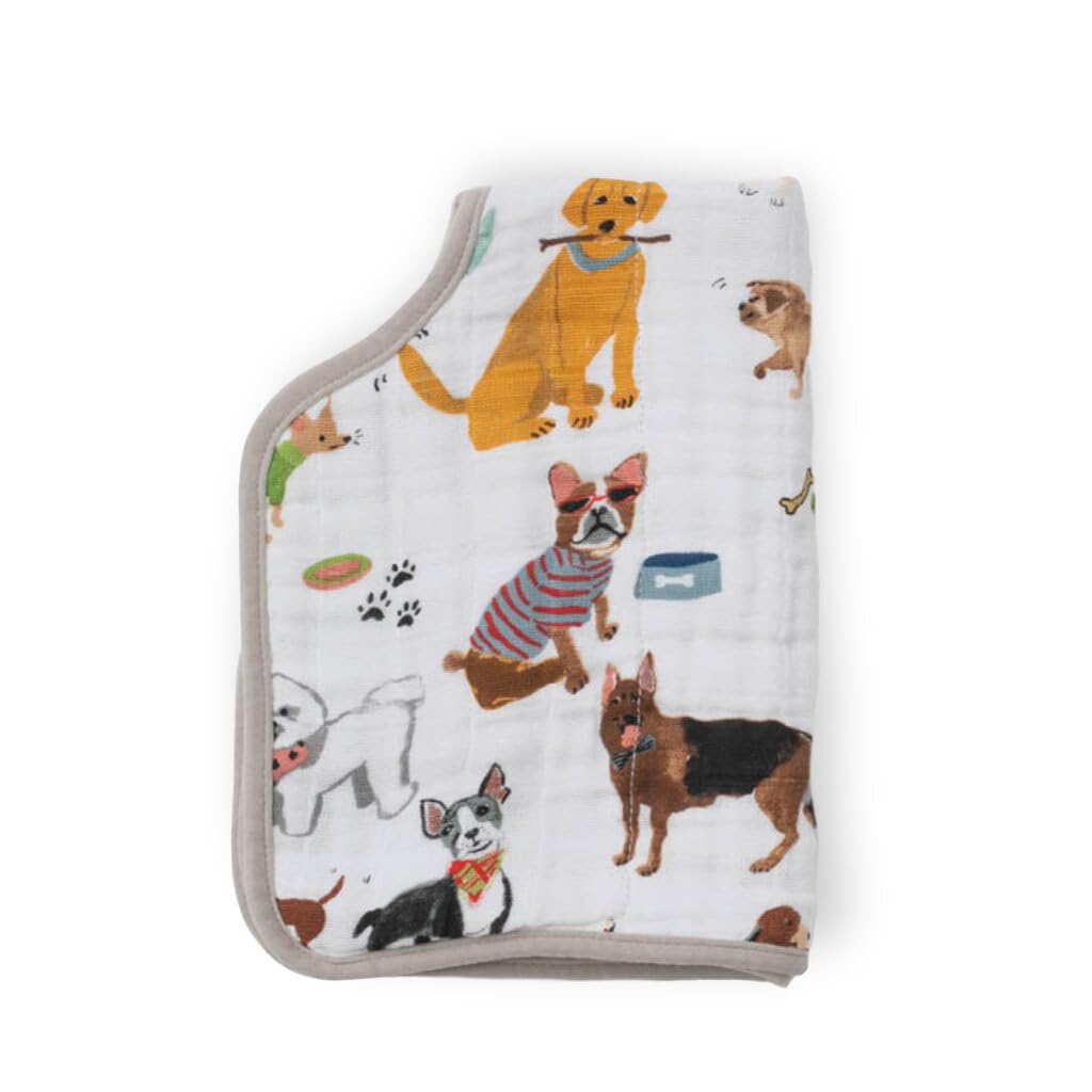 Large 21x14 inch Little Unicorn Woof burp cloth ideal for shoulder protection.
