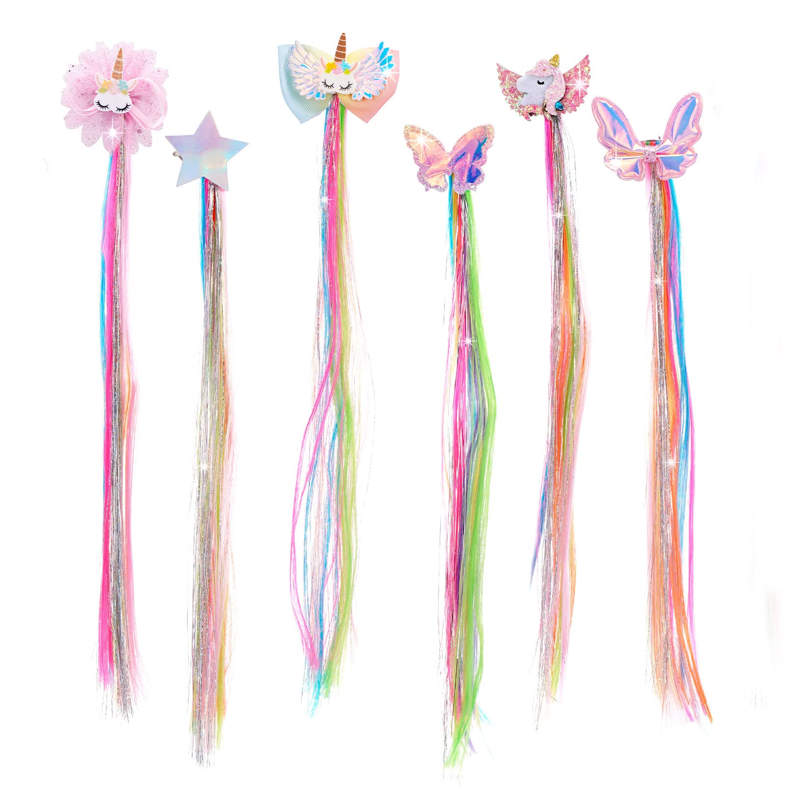 Little World rainbow hair extensions clip added to a ponytail for a sparkly look