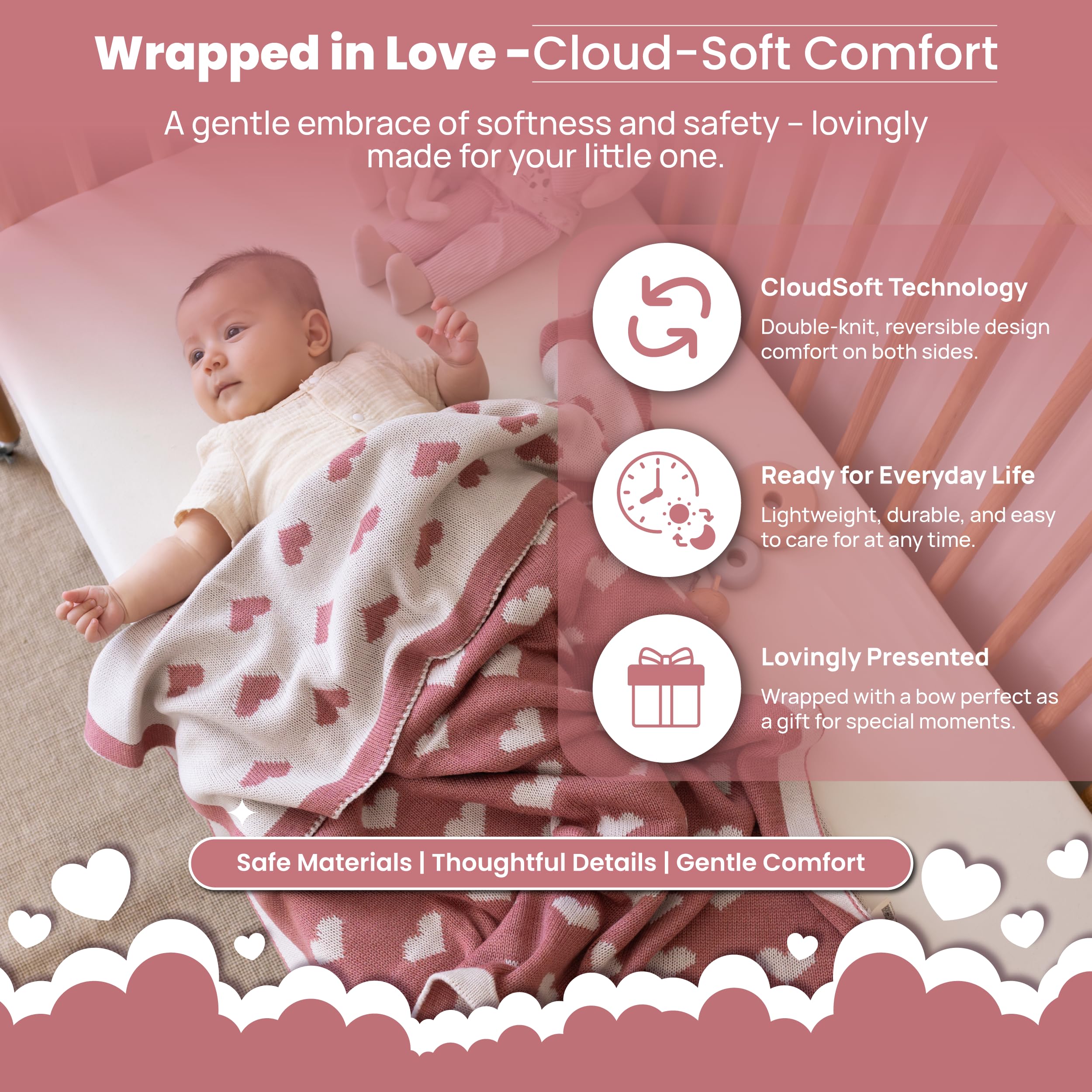 Little Dedi blanket antique rose stars back view, versatile double-faced styling.