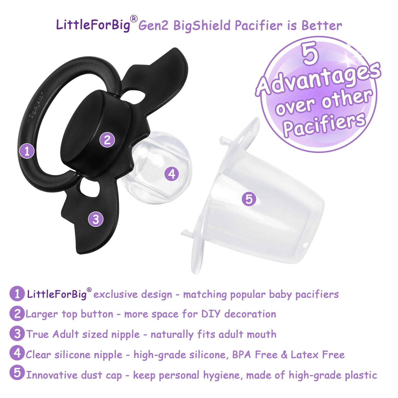 LittleForBig Bigshield Gen-II pacifier with DIY button promotes creative customization and easy cleaning.