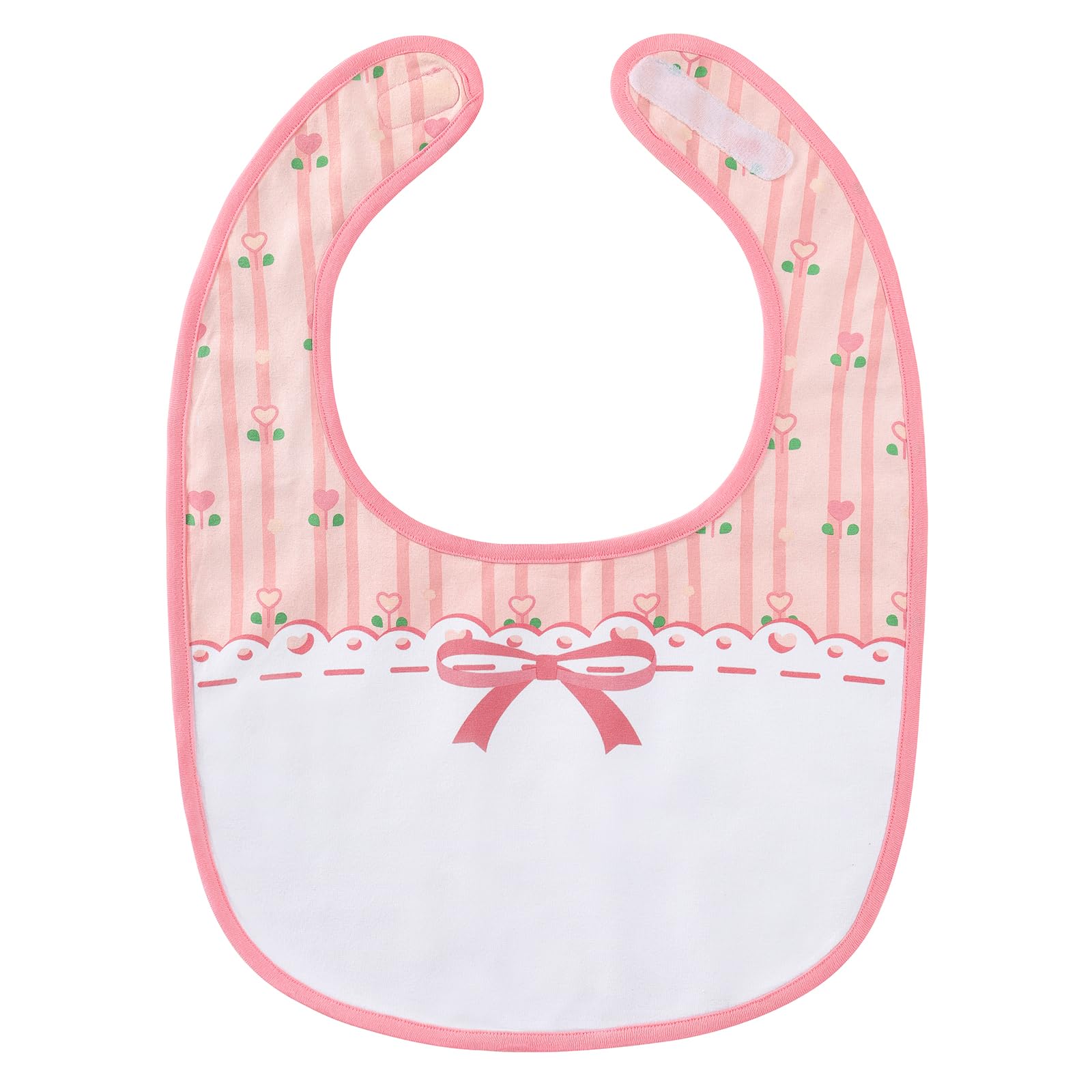 Littleforbig cotton waterproof babydoll bib pink floral closeup shows comfy fit and protective back.