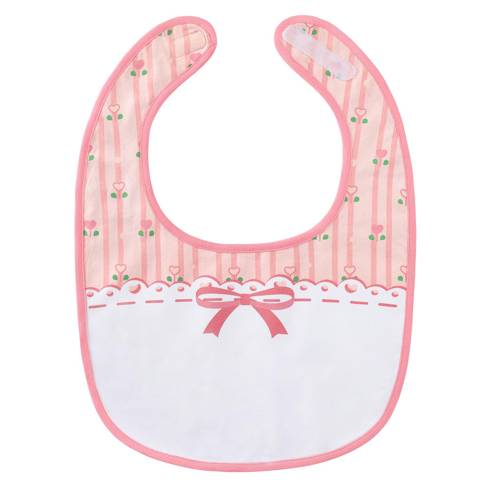 Littleforbig cotton waterproof babydoll bib pink floral closeup shows comfy fit and protective back.