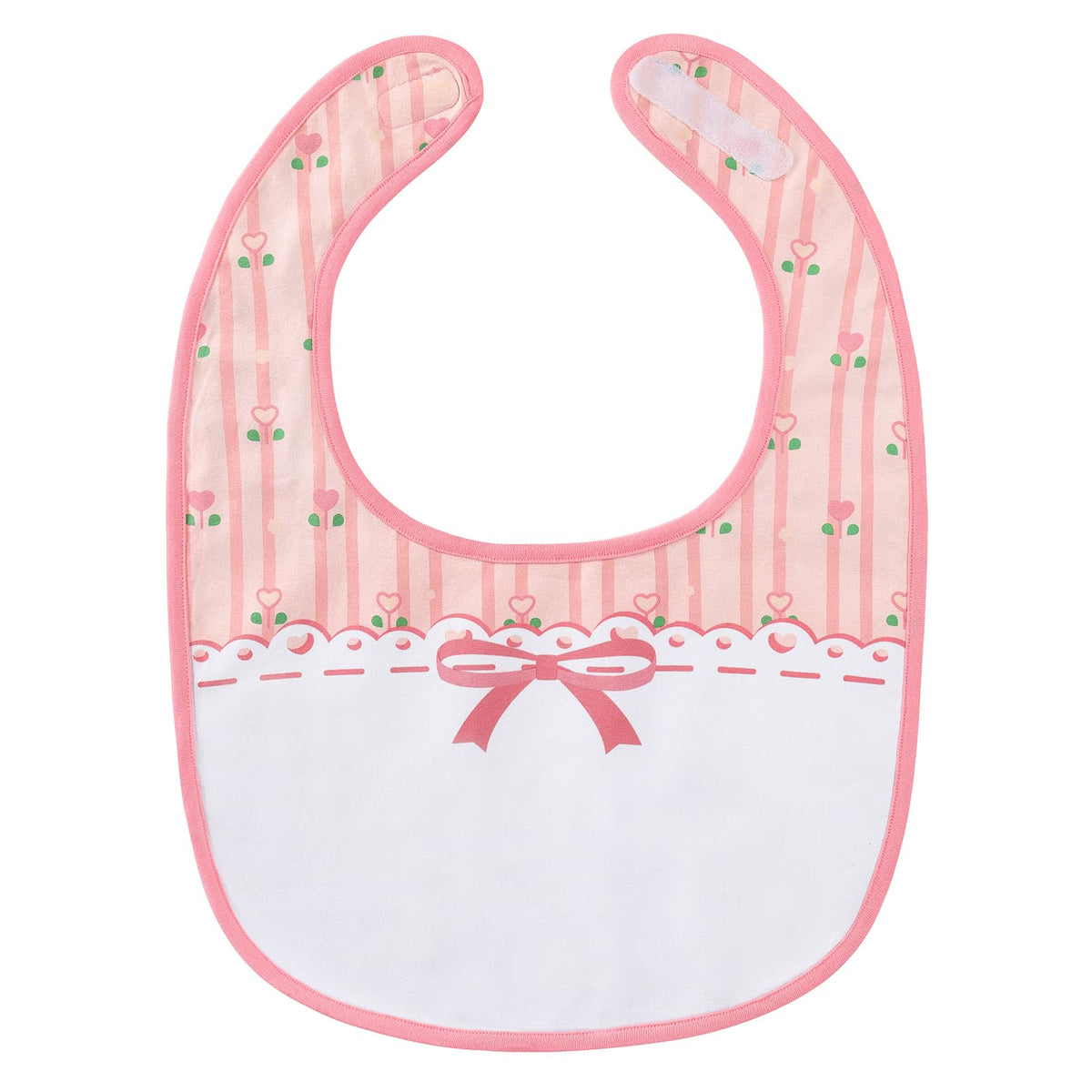 Littleforbig cotton waterproof babydoll bib pink floral closeup shows comfy fit and protective back.