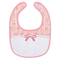 Littleforbig cotton waterproof babydoll bib pink floral closeup shows comfy fit and protective back.