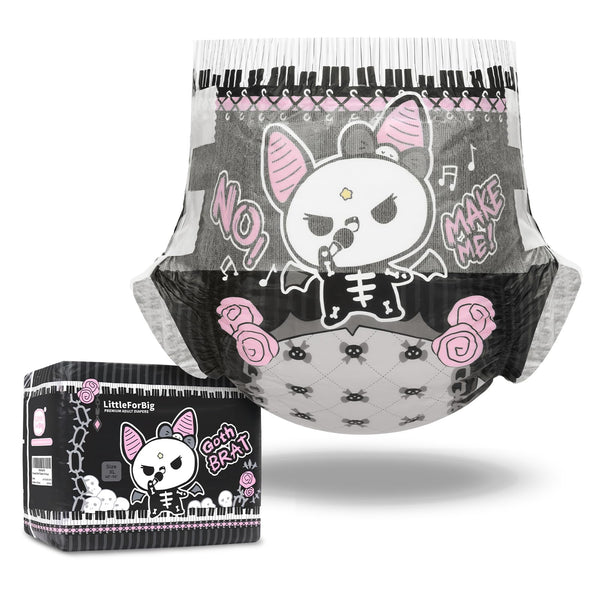 Littleforbig Goth Brat Bella art on the diaper front for bold self-expression during roleplay.