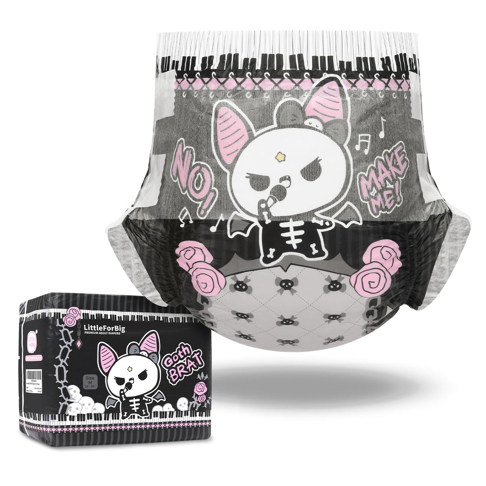 Littleforbig Goth Brat diaper with Bella art on landing zone for bold expressive bratting.