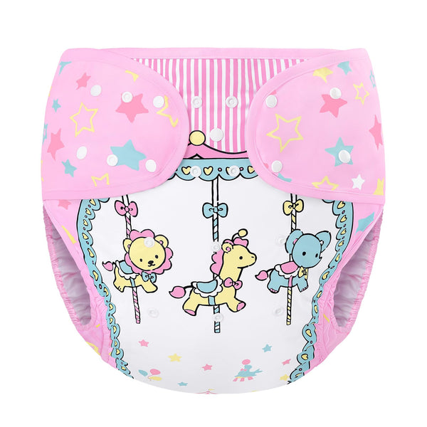 Littleforbig Little Circus wrap front pattern offers playful appeal and secure protection.