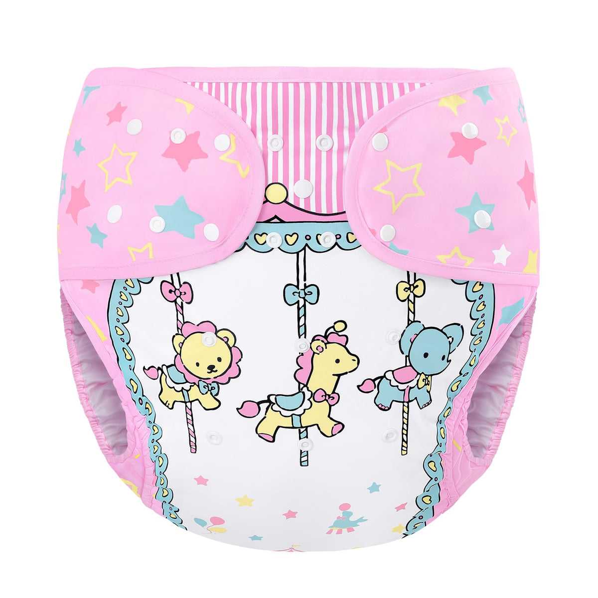 Littleforbig Little Circus wrap front pattern offers playful appeal and secure protection.