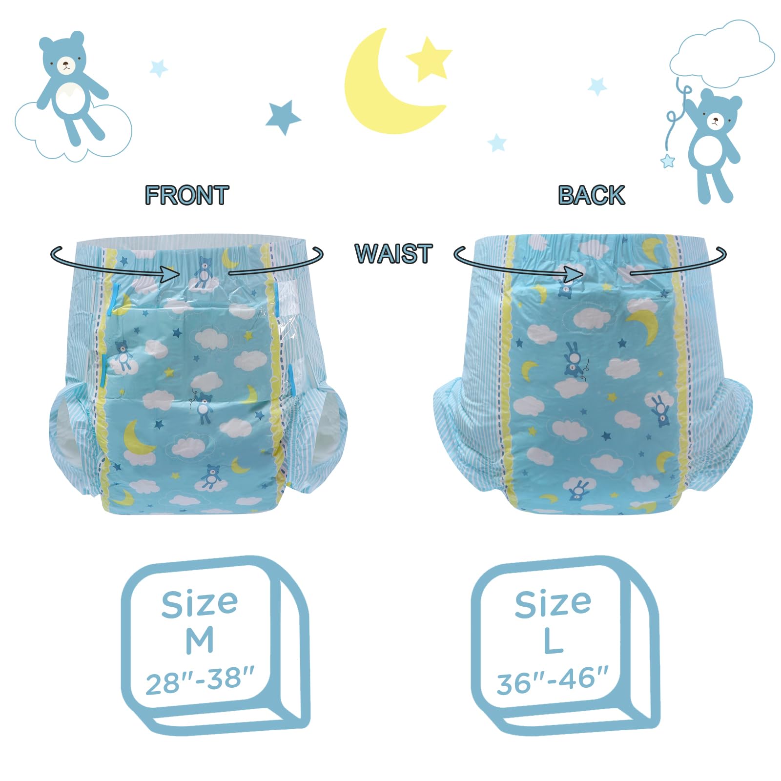 LittleForBig diaper with four adhesive stickers to secure wetness.