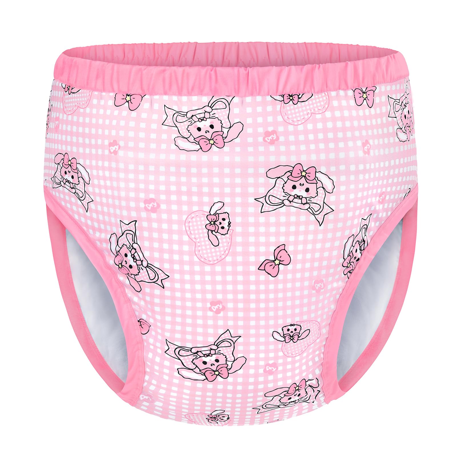 Littleforbig Usagi training pants with pink gingham background and bunnies & bows design for discreet protection.