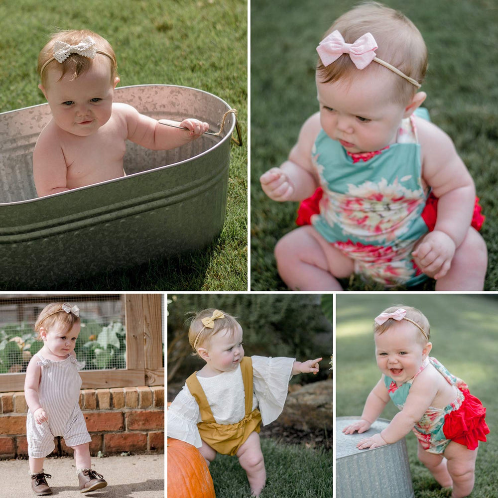 LittleJoJo petite denim bow on a comfy nylon band for growing toddlers