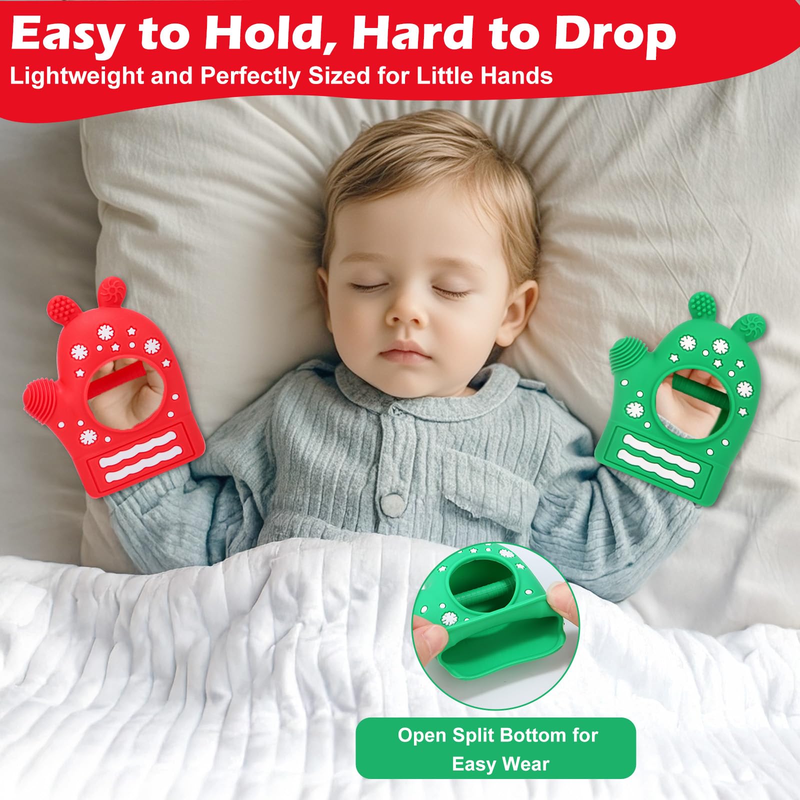 LittleLamb silicone mitten shows 100% food-grade material for mouthing.