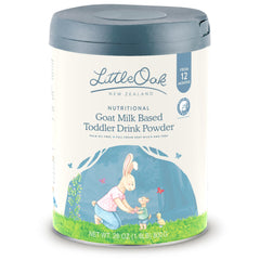 LittleOak goat milk toddler drink tin front shows nutrient-rich daily nutrition for growing kids.