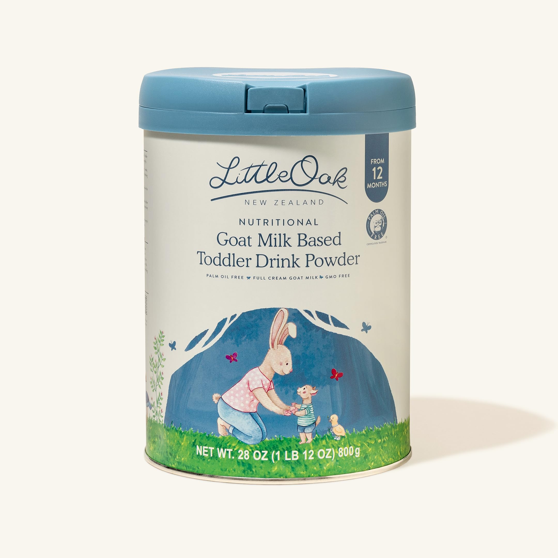 LittleOak goat milk toddler drink tin side label highlights 16 vitamins for daily balance.