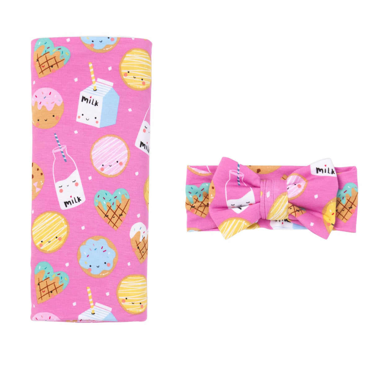 Little Sleepies swaddle blanket close-up in pink cookies & milk shows buttery-soft bamboo fabric.