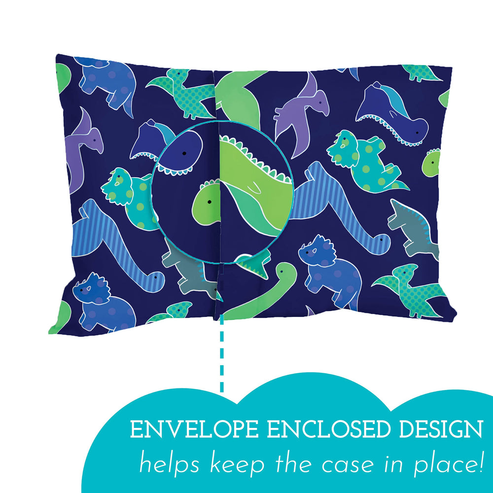 Little Sleepy Head dinosaur-blue pillowcase covers the pillow for easy washing.