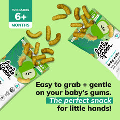 Little Spoon puffs being grasped by tiny hands, fostering self-feeding.