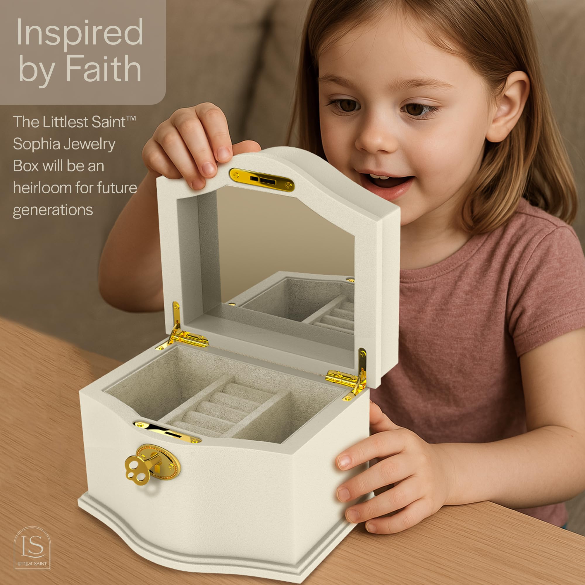 Littlest Saint Sophia Box interior with soft lining cradling small keepsakes.
