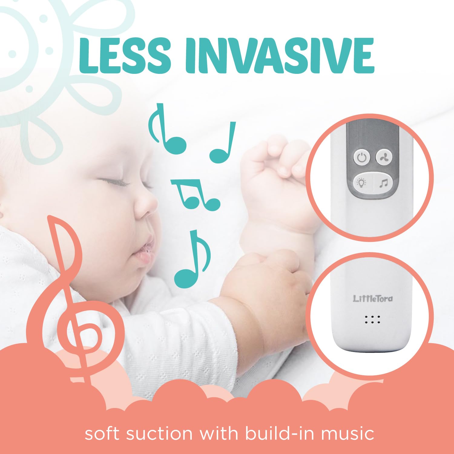 LittleTora USB rechargeable nasal aspirator for easy on-the-go use.