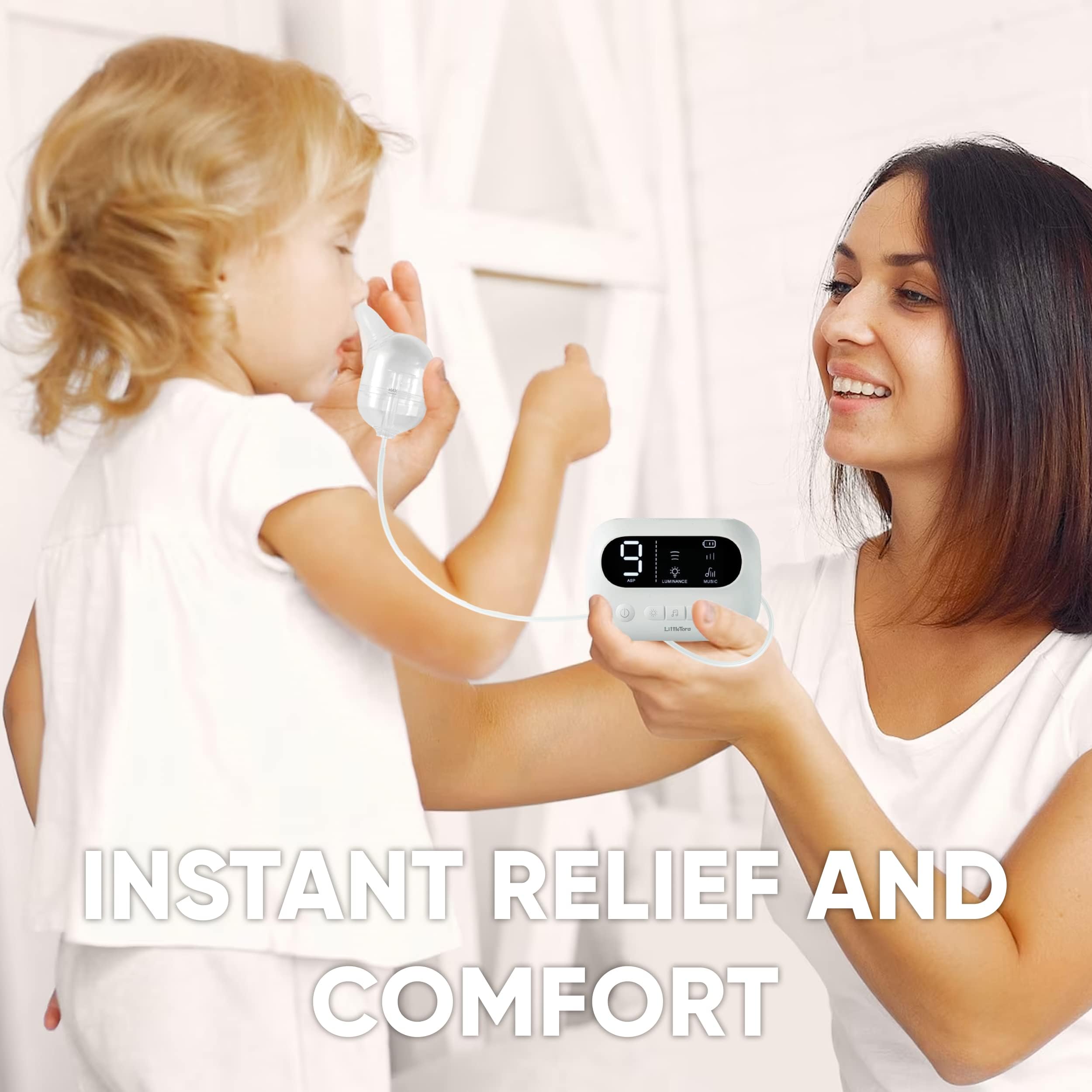 LittleTora Pro shows built-in music feature to calm toddlers during nasal care.