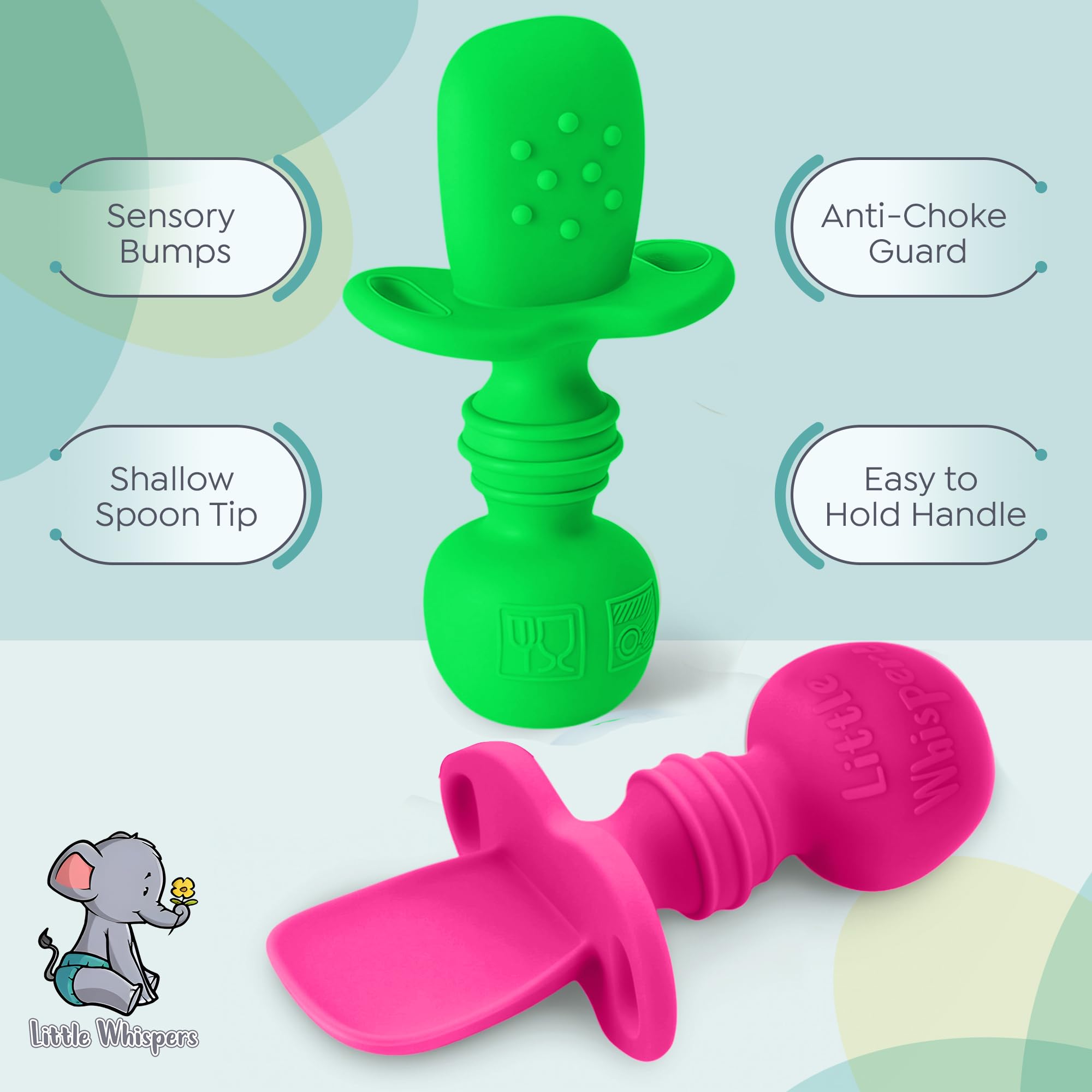 LittleWhispers Neon spoon featuring anti-choke guard for safer feeding moments.