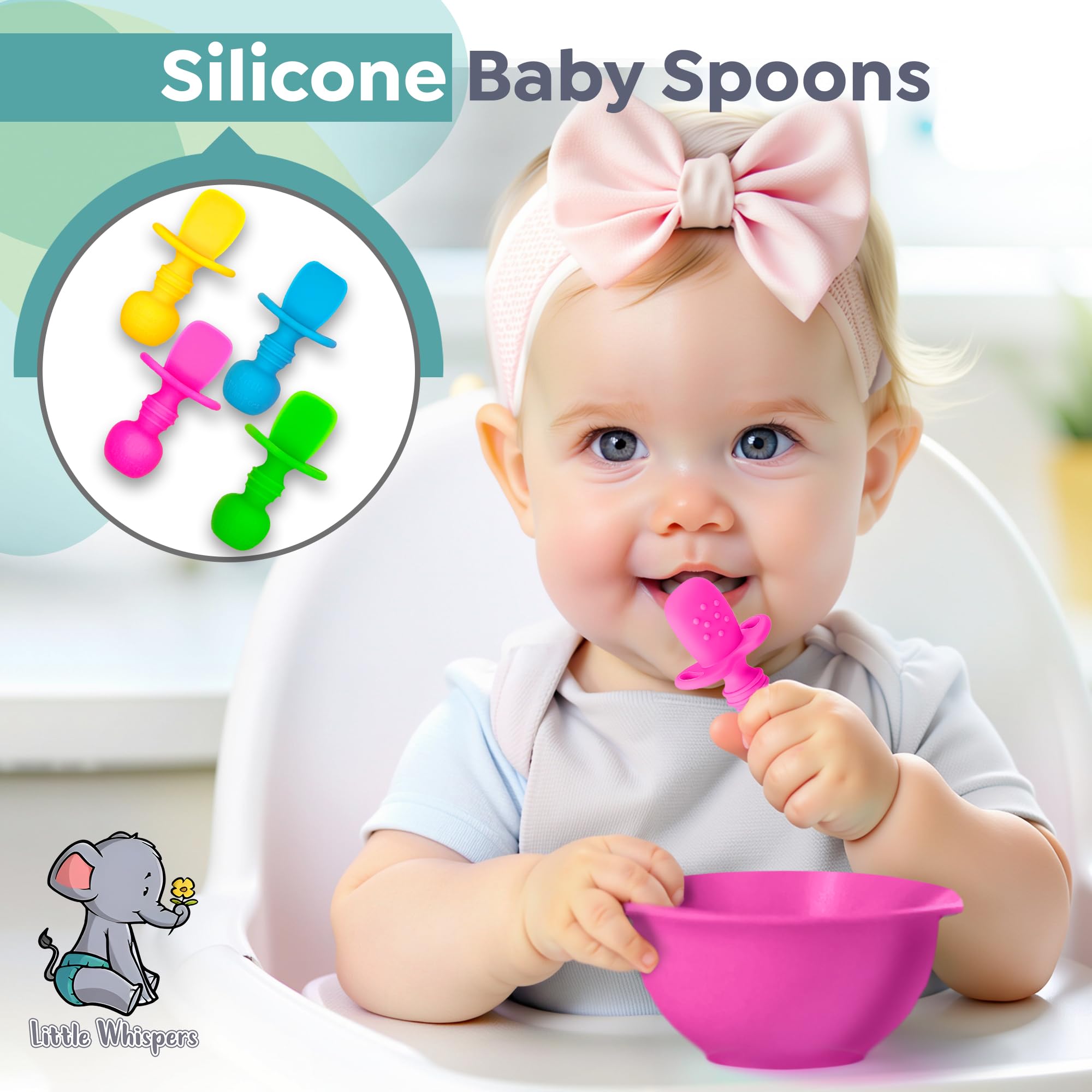 LittleWhispers Neon spoons with sensory bumps to soothe gums during meals.