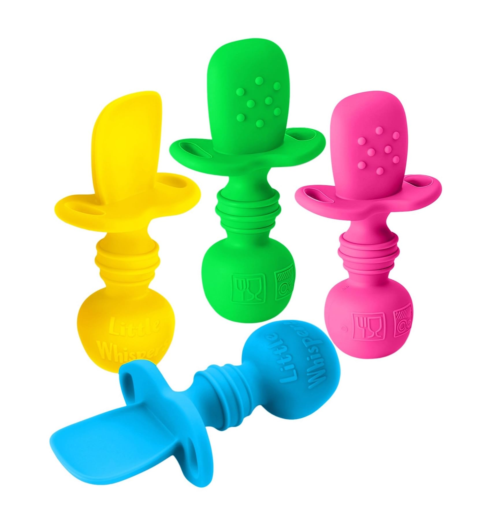 LittleWhispers Neon silicone spoons with ergonomic handle for self-feeding practice.
