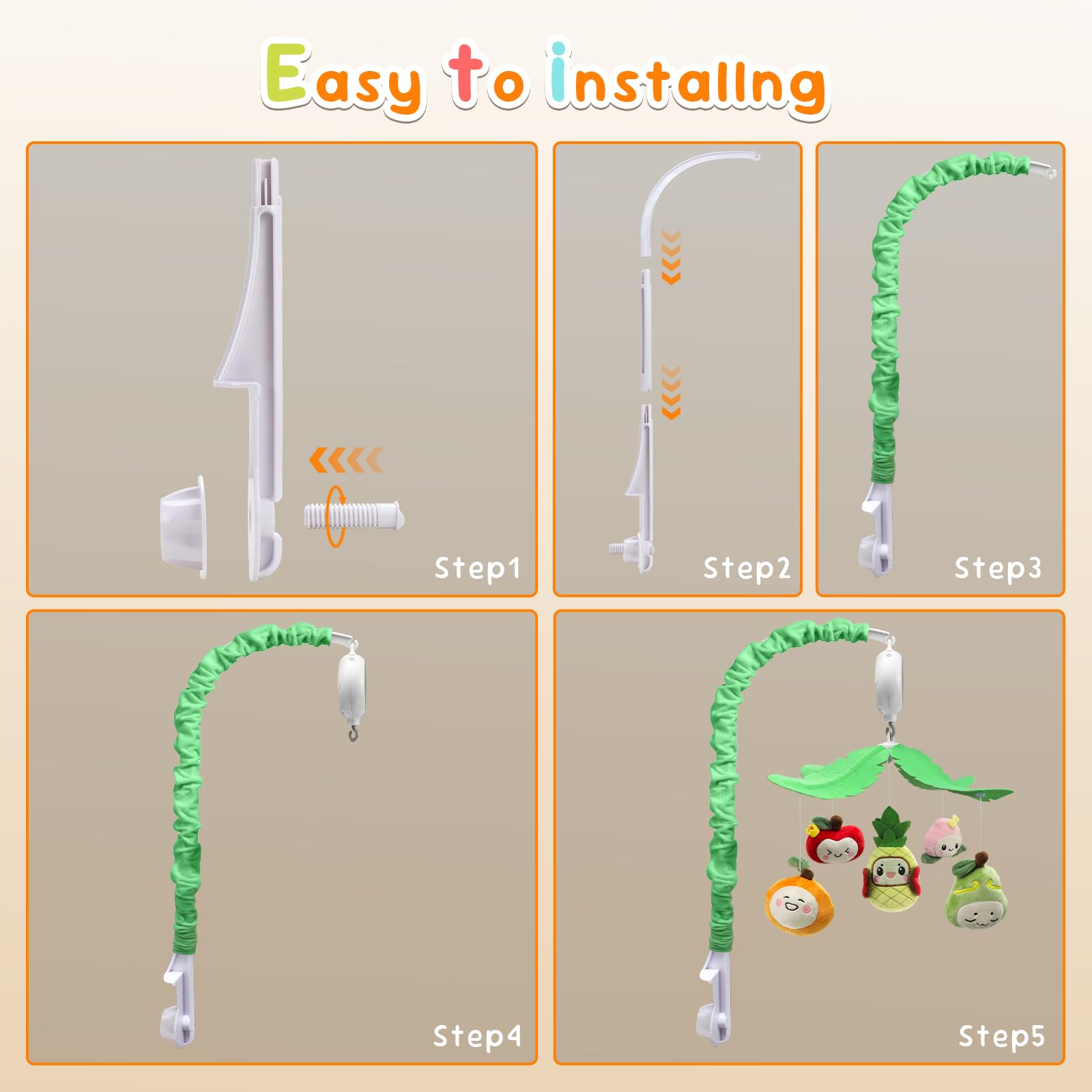 Tool-free clamp attachment for Littoak Fruity Delight mobile on a standard crib.