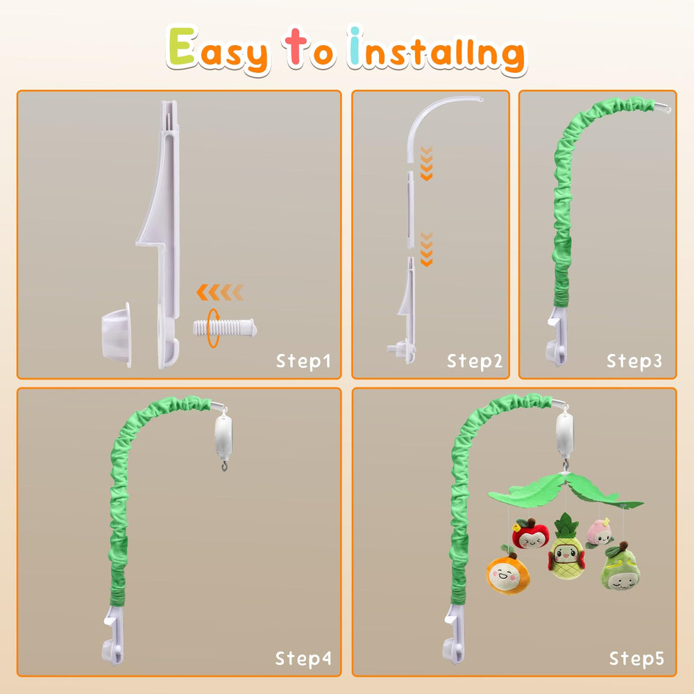 Tool-free clamp attachment for Littoak Fruity Delight mobile on a standard crib.