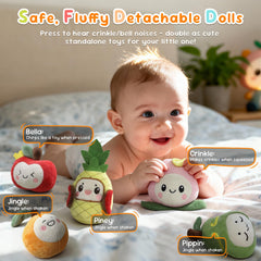 Detachable dolls from Littoak Fruity Delight mobile enabling safe fine motor play.
