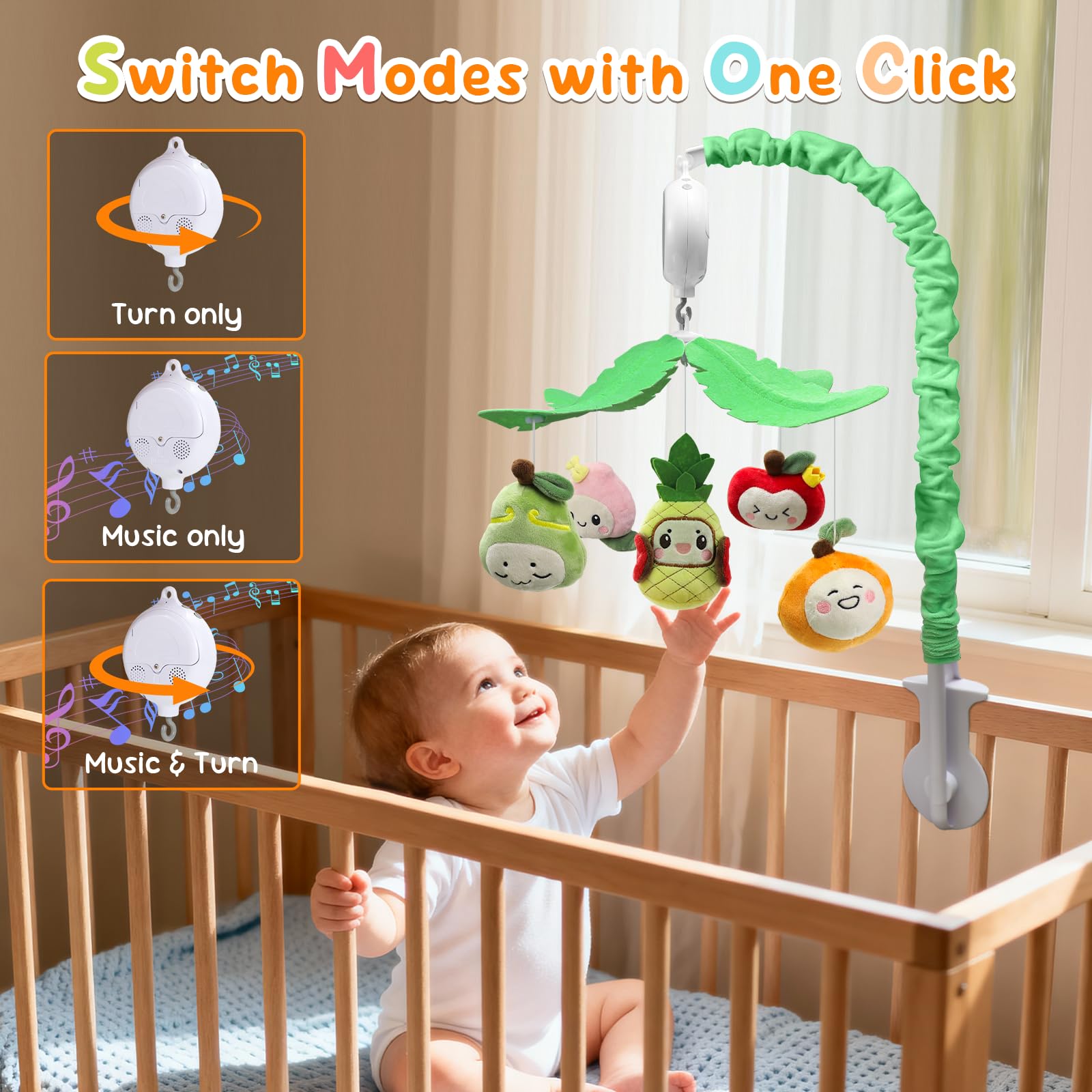 Littoak Fruity Delight mobile in music mode with gentle lullabies playing.