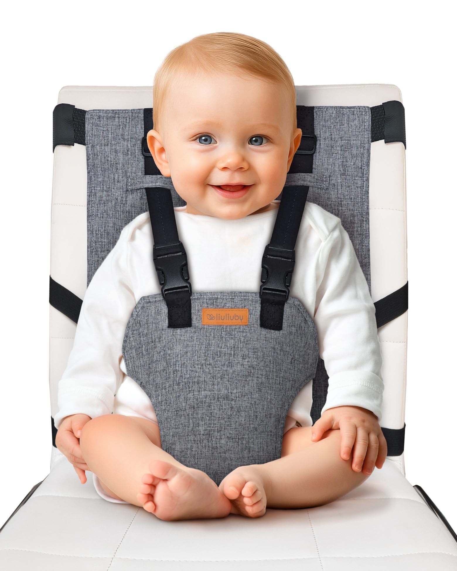 Liuliuby Compact Travel High Chair setup on a chair for quick on-the-go feeding.